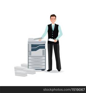 Businessman using copy machine or printing machine with stacked pile of file documents, vector illustration.