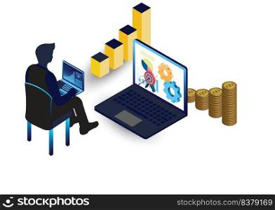 Businessman using laptop with business statistics icons
