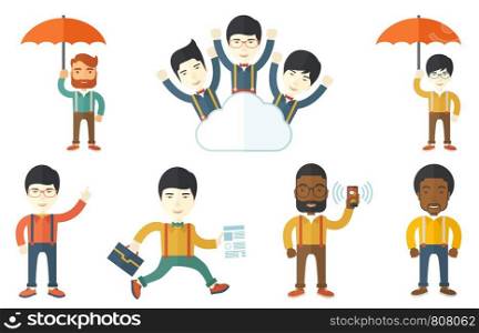 Businessman using mobile phone. Businessman holding mobile phone in hand. Cheerful young businessman chatting on mobile phone. Set of vector flat design illustrations isolated on white background.. Vector set of illustrations with business people.