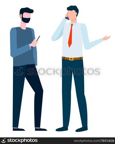 Businessman using phone, wireless device. Man with smartphone, international business, wireless device technology, communication and trade vector. Worker Phoning, Employee with Smartphone Vector