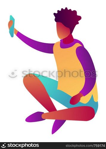 Businessman using smartphone sitting with legs crossed, tiny people isometric 3D illustration. Mobile phone chatting, taking selfie and testing apps, messaging concept. Isolated on white background.. Businessman using smartphone sitting with crossed legs isometric 3D illustration.