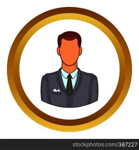Businessman vector icon in golden circle, cartoon style isolated on white background. Businessman vector icon