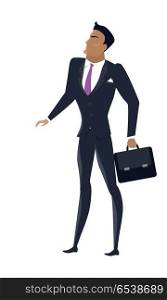 Businessman Vector Illustration in Flat Design.. Businessman vector in flat design. Male character in business clothing with briefcase in hand. Illustration for companies ad concepts, presentations, infographics. Isolated on white background..