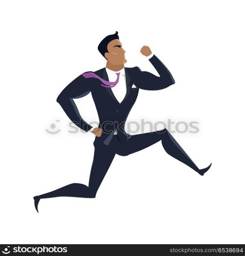 Businessman Vector Illustration in Flat Design.. Businessman vector in flat design. Male character in business clothing running. Competition and career concept. Illustration for companies ad, presentations, infographics. Isolated on white.