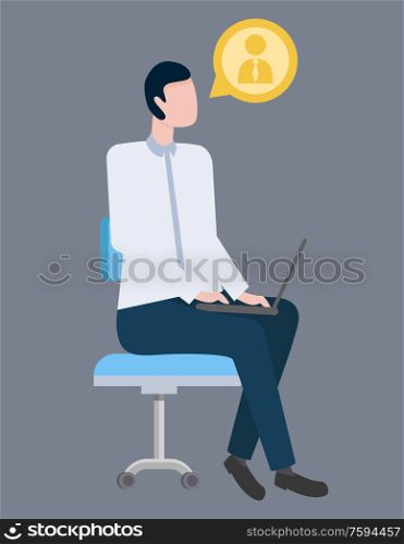 Businessman vector, male sitting on conference with laptop isolated. Person with profile icon listening to seminar. Attentive wearing formal wear. Businessman on Conferention with Laptop Isolated