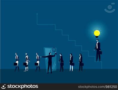 businessman walk through mirror become robot digital generate employee concept with think idea vector