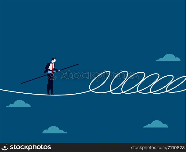 Businessman walking a tightrope and barrier. Concept business illustration. Vector flat