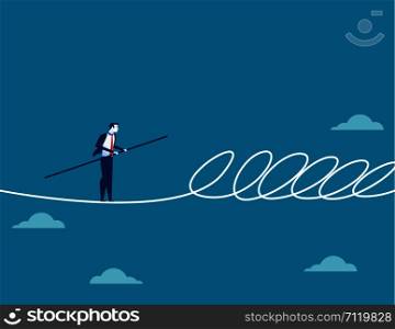Businessman walking a tightrope and barrier. Concept business illustration. Vector flat