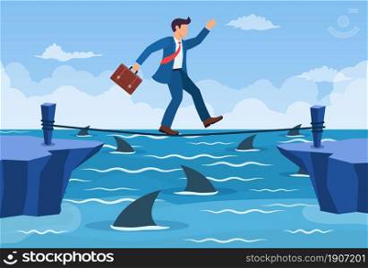 Businessman walking a tightrope over shark in water. Businessman walking on rope with briefcase. Obstacle on road, financial crisis. Risk management challenge. Vector illustration in flat style.. Businessman walking a tightrope