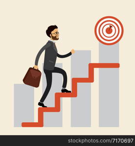 Businessman walking down the stairs to the target,flat vector illustration