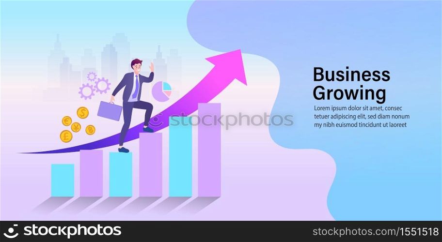 Businessman walking on stair. Graph to success. Man in a suit with a suitcase. Business growing. Vector flat design.