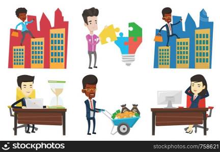 Businessman walking on the roofs of city buildings. Man walking on the roofs of skyscrapers. Businessman walking to the success. Set of vector flat design illustrations isolated on white background.. Vector set of business characters.
