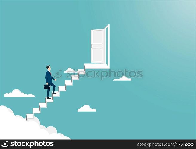 Businessman walking on up to the ladder open the door to success. Leadership and success concept. Business finance. Vision, Achievement, Target, Career. Vector illustration flat