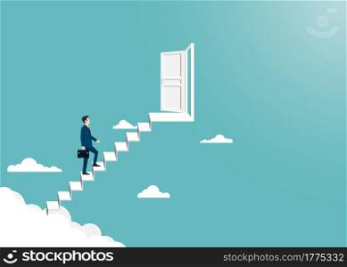 Businessman walking on up to the ladder open the door to success. Leadership and success concept. Business finance. Vision, Achievement, Target, Career. Vector illustration flat
