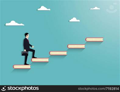 Businessman walking up on stair books. Startup, Leadership, Growth, Achievement, Business concept. Vector illustration flat style