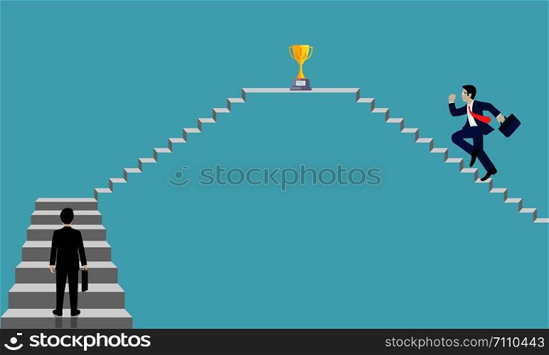 businessman walking up on staircase go to goal . destination, victory to success concept with idea. leadership concept. Ladder to success business. Cartoon vector illustration