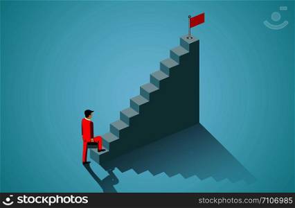 Businessman walking up staircase to target red flag. business success goal. leadership. startup. isometric. illustration cartoon vector
