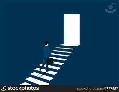 Businessman walking up the stair to success and goal achievement. Business startup concept. Success, career, achievement, vector illustration flat