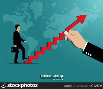 Businessman walking up the stairs. Startup concept, Career growth, Vector illustration flat