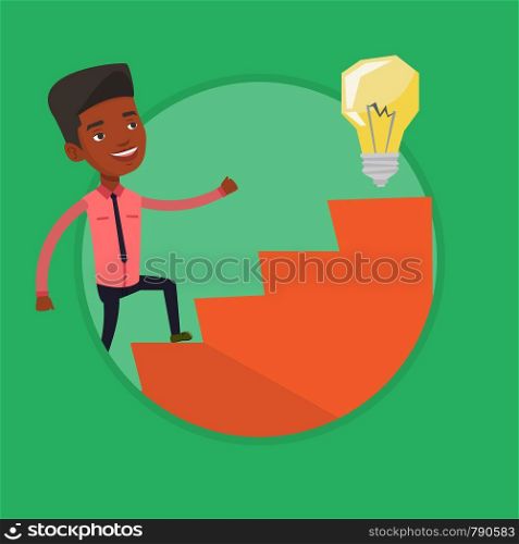 Businessman walking upstairs to the idea. Businessman running the stairs to get the idea bulb on the top. Business idea concept. Vector flat design illustration in the circle isolated on background.. Businessman walking upstairs to the idea bulb.