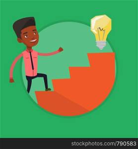 Businessman walking upstairs to the idea. Businessman running the stairs to get the idea bulb on the top. Business idea concept. Vector flat design illustration in the circle isolated on background.. Businessman walking upstairs to the idea bulb.