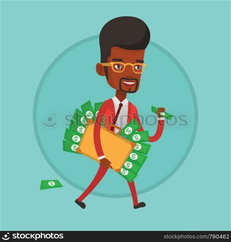 Businessman walking with suitcase full of money. Businessman holding briefcase full of money. Businessman with money in his bag. Vector flat design illustration in the circle isolated on background.. Businessman with suitcase full of money.