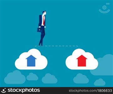 Businessman walks from old cloud to new cloud. Changing business