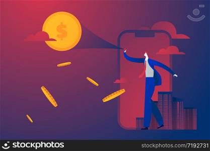 Businessman watching and showing money moon on the sky vision and success business concept . Vector EPS 10. Businessman watching and showing money moon on the sky vision and success business concept . Vector EPS 10.