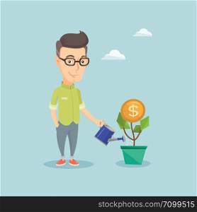 Businessman watering money flower. Caucasian businessman investing in business project. Illustration of investment money in business. Investment concept. Vector flat design illustration. Square layout. Business man watering money flower.