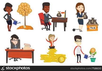 Businessman watering money tree. Young businessman investing money in business project. Concept of investment money in business. Set of vector flat design illustrations isolated on white background.. Vector set of business characters.
