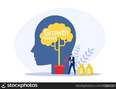 Businessman Watering plant on silhouette head growth mindset concept vector illustration.