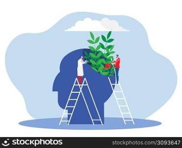 businessman Watering plants with big brain growth mindset concept vector