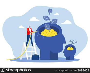 businessman Watering plants with Big head human think growth mindset different fixed mindset concept vector