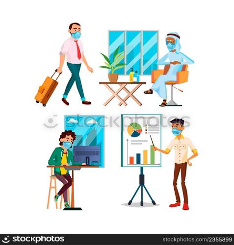 Businessman Wearing Protective Mask Set Vector. Business Man Wear Face Protect Mask In Office And Meeting Room, Airport Or Railway Station. Characters Healthcare Accessory Flat Cartoon Illustrations. Businessman Wearing Protective Mask Set Vector