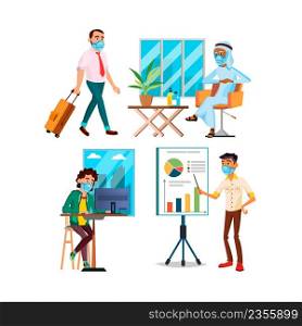 Businessman Wearing Protective Mask Set Vector. Business Man Wear Face Protect Mask In Office And Meeting Room, Airport Or Railway Station. Characters Healthcare Accessory Flat Cartoon Illustrations. Businessman Wearing Protective Mask Set Vector