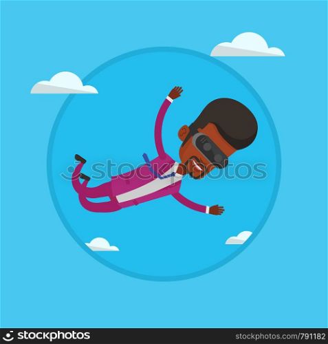 Businessman wearing virtual reality headset and flying in sky. Man in virtual reality device having fun while playing video game. Vector flat design illustration in the circle isolated on background.. Businessman in vr headset flying in the sky.