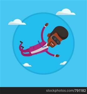Businessman wearing virtual reality headset and flying in sky. Man in virtual reality device having fun while playing video game. Vector flat design illustration in the circle isolated on background.. Businessman in vr headset flying in the sky.