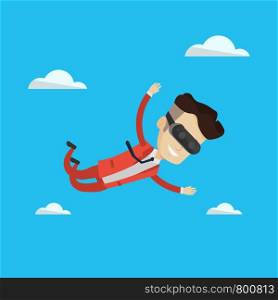 Businessman wearing virtual reality headset and flying in the sky. Man in vr device having fun while playing videogame. Man flying in virtual reality. Vector flat design illustration. Square layout.. Businessman in vr headset flying in the sky.