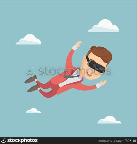 Businessman wearing virtual reality headset and flying in the sky. Man in vr device having fun while playing videogame. Man flying in virtual reality. Vector flat design illustration. Square layout.. Businessman in vr headset flying in the sky.