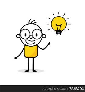 Businessman who has a light bulb above his head on white background. Hand drawn doodle man. Idea and creativity concept. Vector stock illustration.