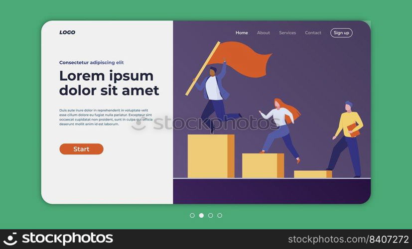 Businessman winning competition. Business team getting on podium, winner holding flag flat vector illustration. Leadership, teamwork, victory concept for banner, website design or landing web page