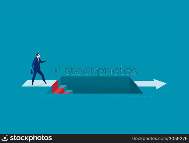 businessman with a bandage in his eyes walking along the arrow vector illustrator concept, flat design