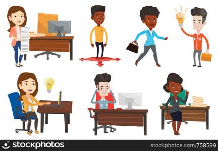 Businessman with a briefcase pointing at business idea light bulb. Man having a business idea. Successful business idea concept. Set of vector flat design illustrations isolated on white background.. Vector set of business characters.