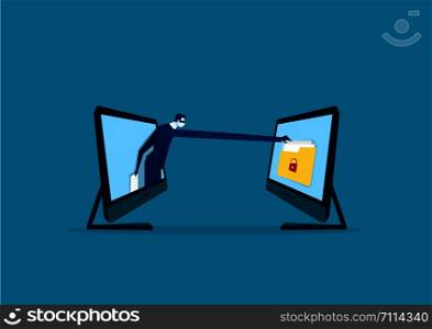businessman with a hand wants to steal information from a laptop vector illustrator.
