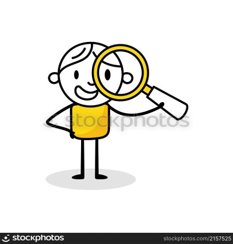 Businessman with a magnifying glass isolated on white background. Hand drawn doodle line art man. Vector stock illustration.