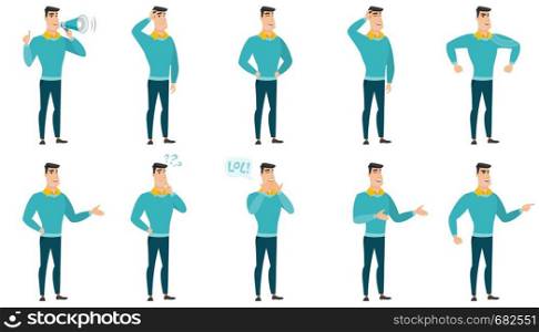 Businessman with a megaphone making an announcement. Man making an announcement through megaphone. Business announcement concept. Set of vector flat design illustrations isolated on white background.. Vector set of illustrations with business people.