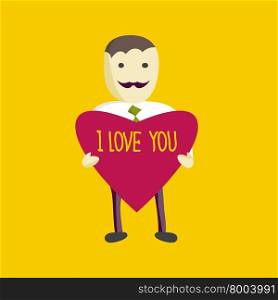 Businessman with a mustache in a white shirt, green tie holding a heart that says I love you. Flat Style Vector Design
