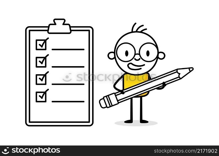 Businessman with a pencil checking a checkinglist. Hand drawn doodle man. Business concept with funny stickman. Vector stock illustration.