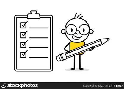Businessman with a pencil checking a checkinglist. Hand drawn doodle man. Business concept with funny stickman. Vector stock illustration.