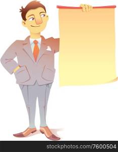 Businessman with a Placard. Smiling businessman is looking at the blank placard. There is a good place for a text or a graphs.Editable vector EPS v9.0.